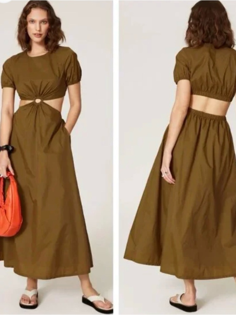 STAUD Olive Brown Cutout Midi Dress